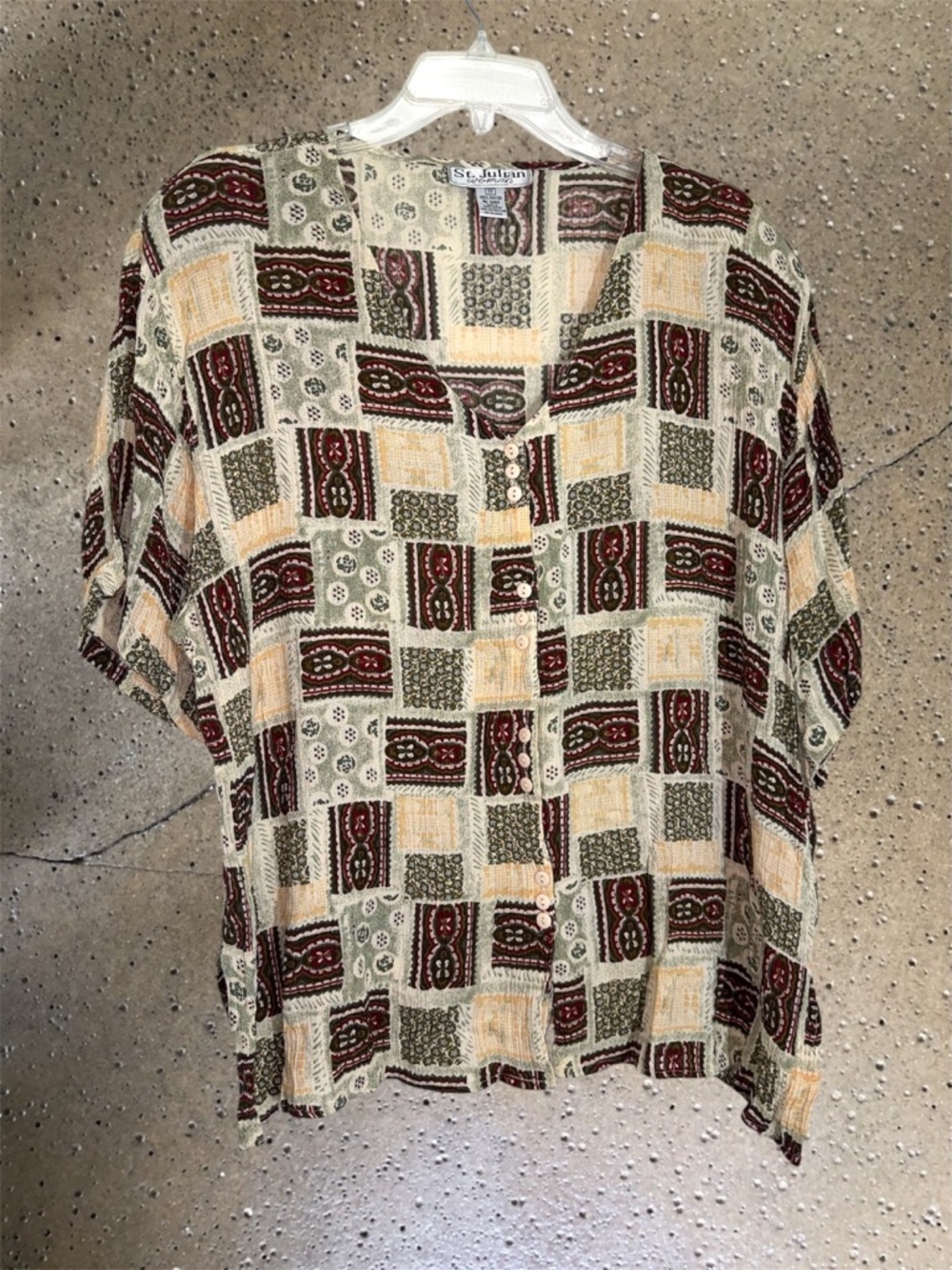 St. Julian Woman Patchwork Print Rayon Top - Cream, Olive & Wine size 22